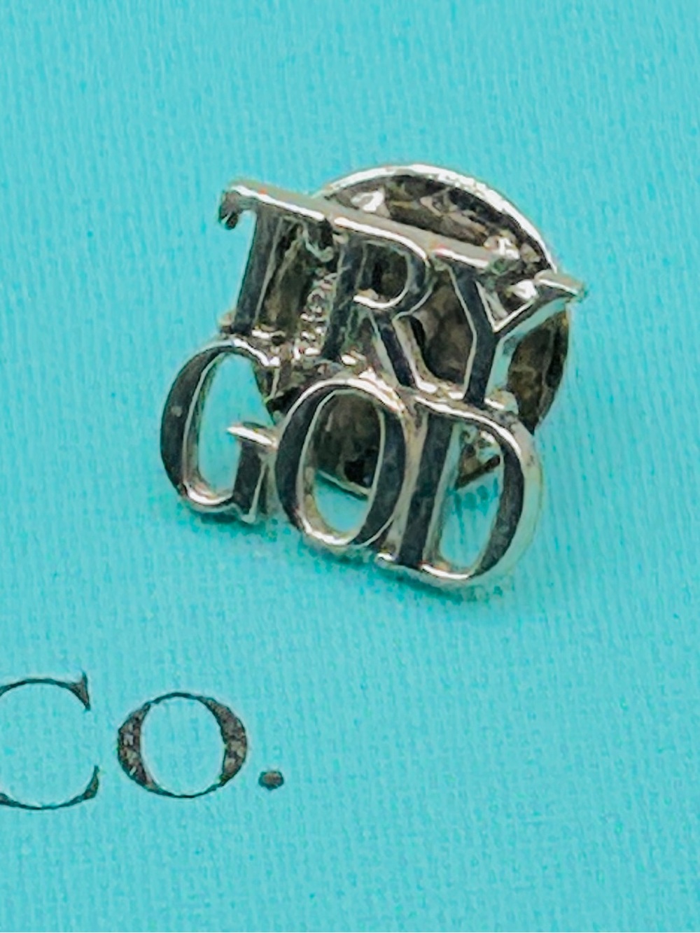 Tiffany & Co. 'Try God' Silver Lapel Pin with Velvet Tiffany Pouch & COA